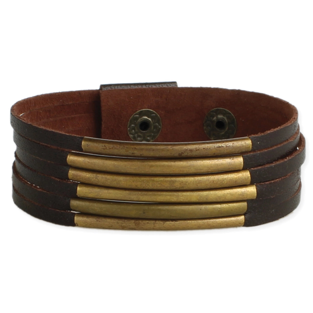 5 Line Brown Leather and Gold Bars Bracelet
