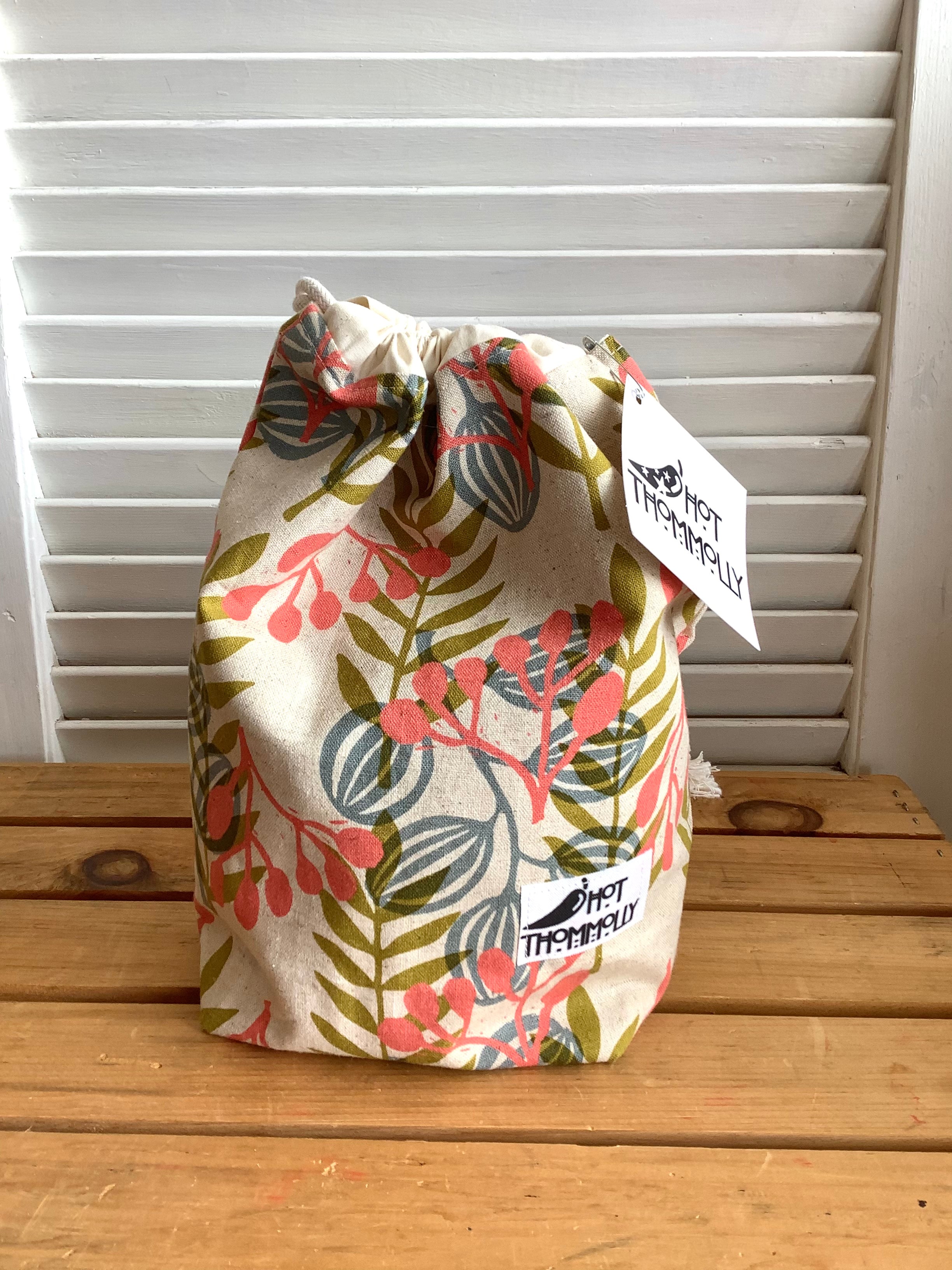 Coral & grey berries - small drawstring bag