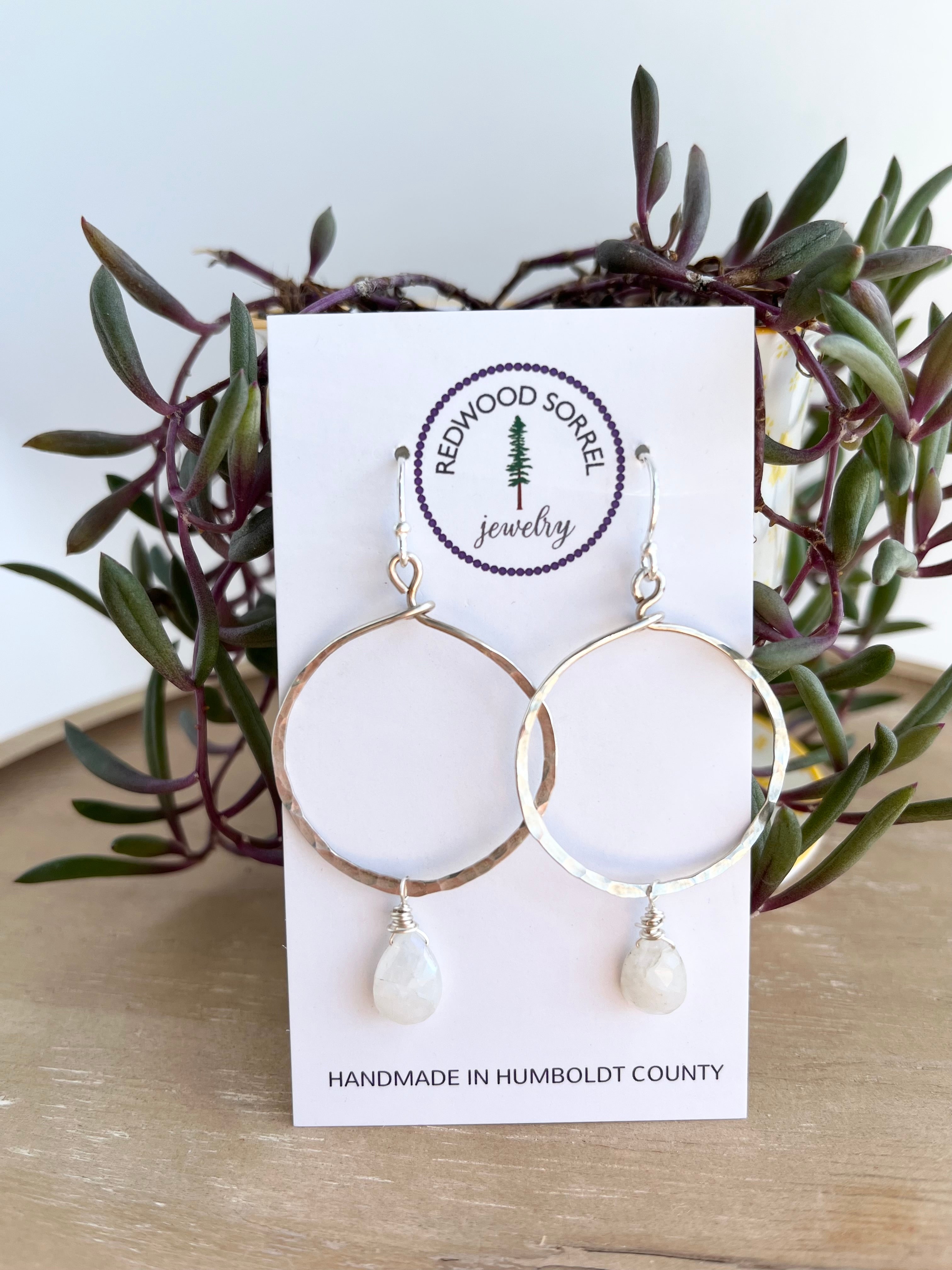 Rainbow Moonstone hammered hoop earrings -  Redwood Sorrel Jewelry