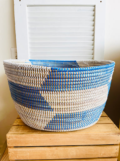 Large Blue & White Herringbone Oval basket