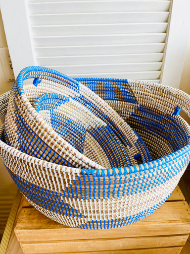 Set of 3 baskets - Blue & White Herringbone Oval 