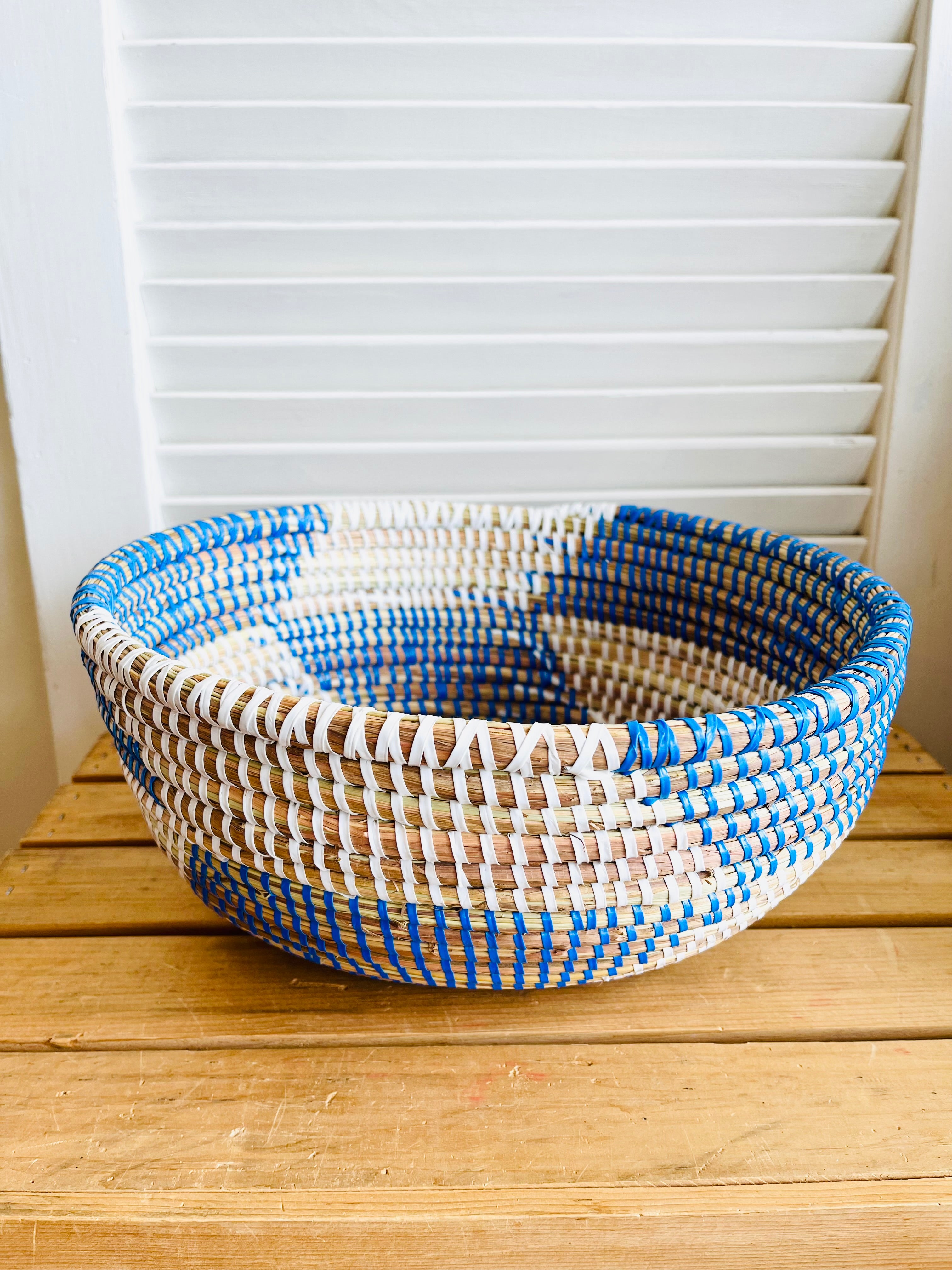 Small Blue & White Herringbone - Oval Basket