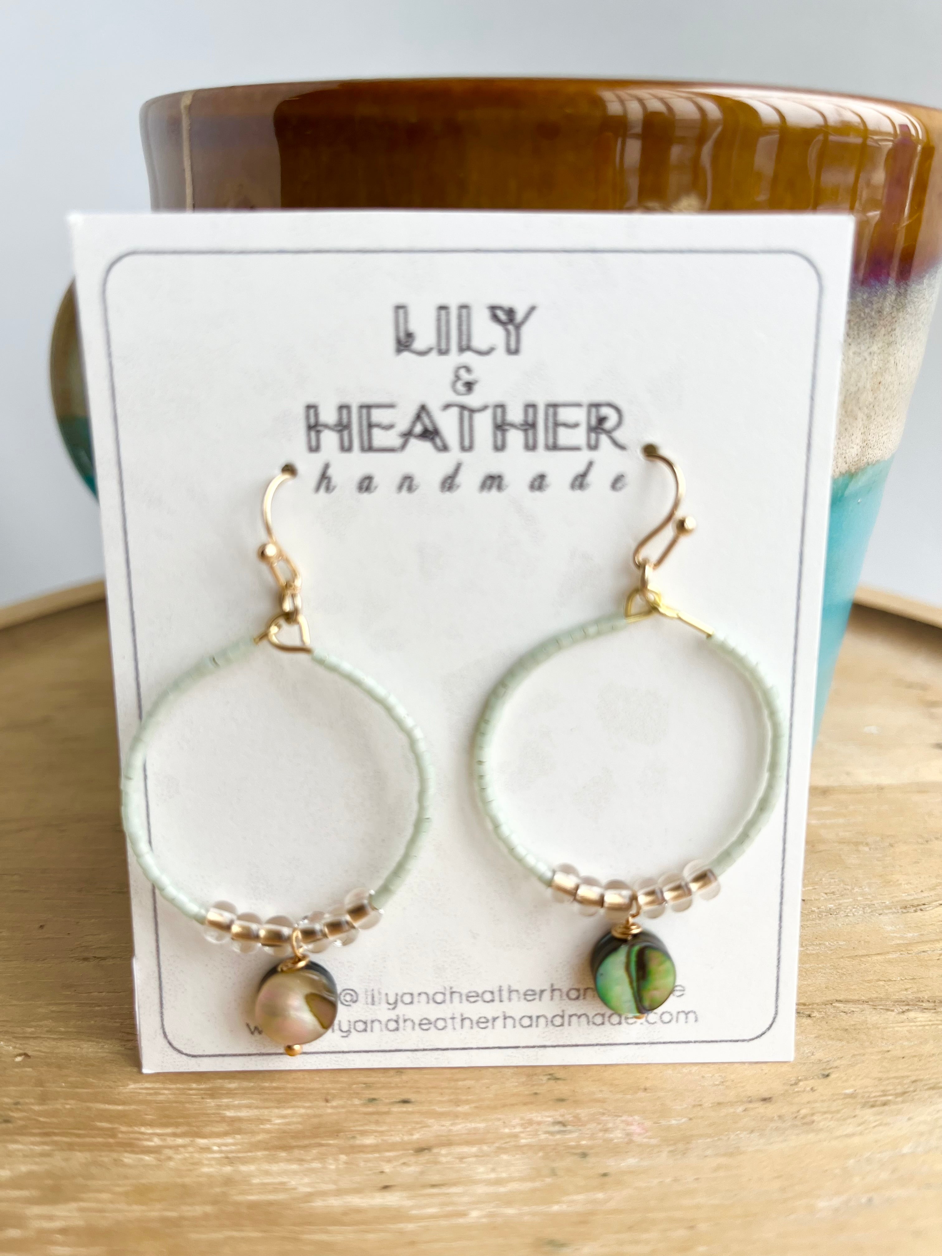 Hoop abalone, gold & mint seed beads - earrings from Lily & Heather handmade
