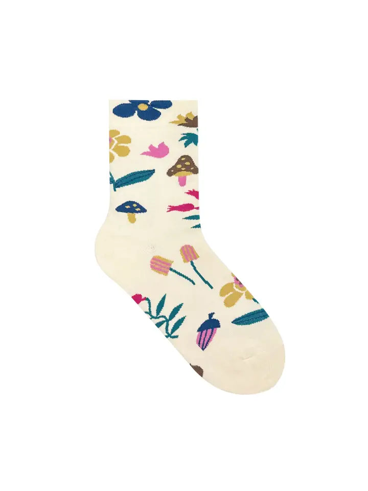 Mushroom Fleur Flower - Cream - Women's Crew Sock