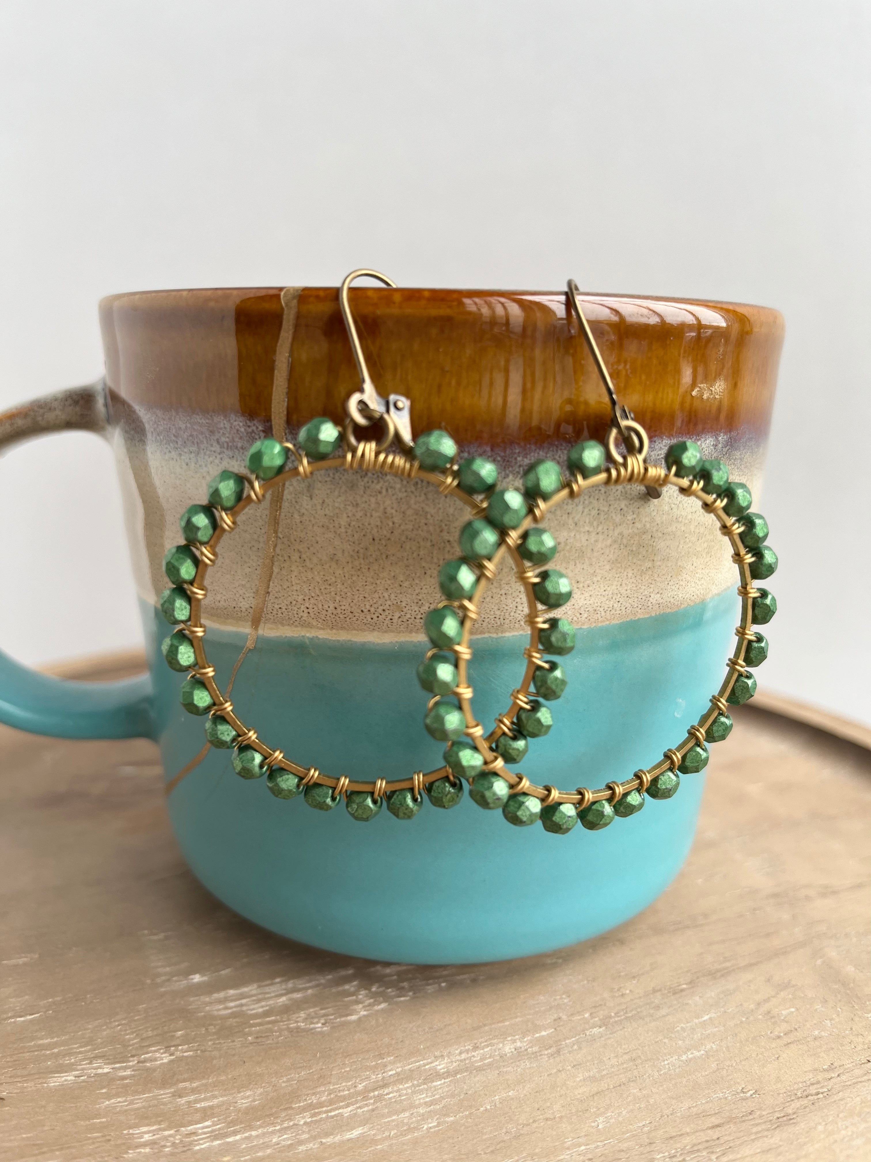 Olive Green - Beaded Hoop earrings