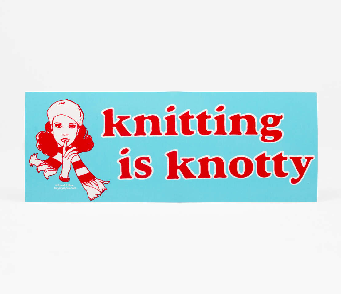 Knitting is Knotty sticker with girl in striped scarf and hat.